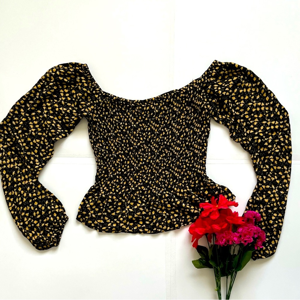 Hollister Girls Women Striped Crop-Top Sz S Black-yellow Blouse Long‎ Sleeve
